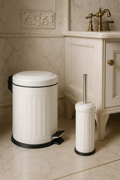 Topkapı Retro 2 Li Çöp Kovası Çöp Kutusu Banyo Seti Çizgili Model Beyaz 5 Lit...