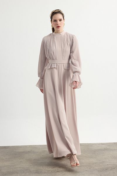 Birgül Bektaş Stone Color Pleated Crepe Chiffon Dress