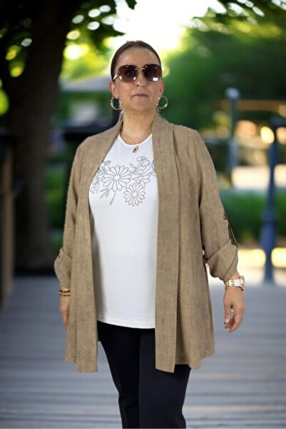 yagmurberen Folding Sleeve Shawl Collar Unlined Flaming Linen Jacket Short Sleeve Stone Cycling Collar Bluz Double Suit