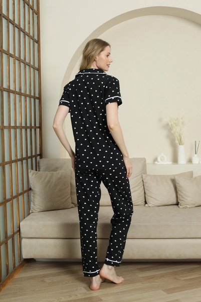 KAPİTEX Buttoned Long Sleeve Short Sleeve Bottom Long Heart Printed Black Color Pajama Set