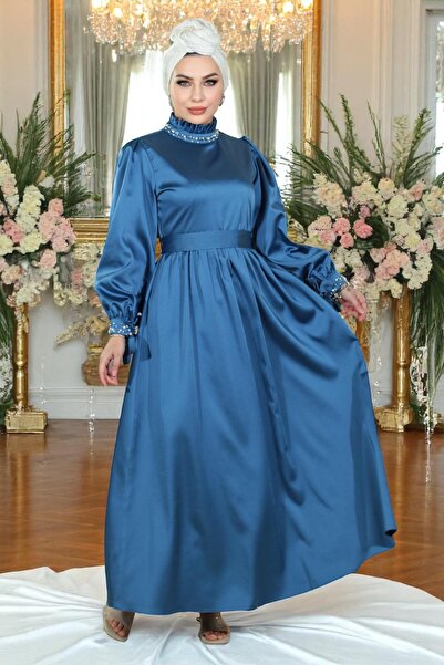 Missvalle İncili Saten Abiye İndigo 19121