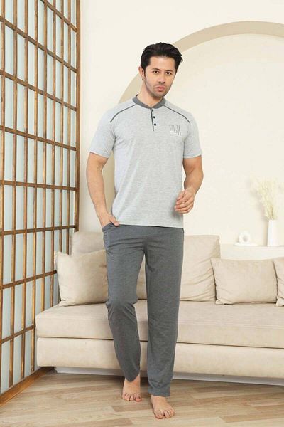 ALİMER Men's Pajama Set - Gray Crest Embroidered Short Sleeve Combed Cotton 1187Ky