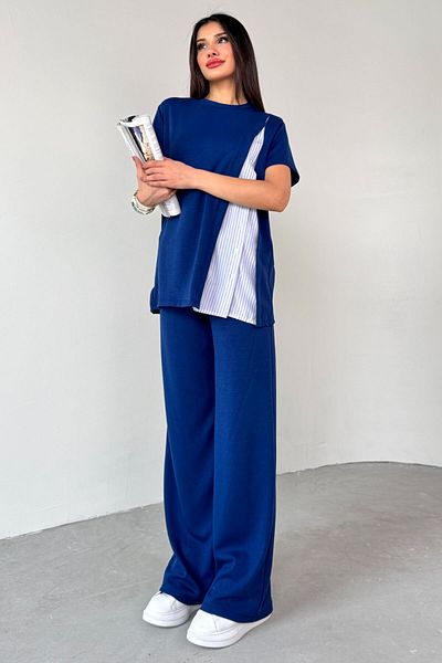 Cappmoda TKM-03701 Μπλε ναυτικό πουκάμισο με λεπτομέρεια σχέδιο T-shirt Παντελόνι με ελαστική μέση Σετ δύο τεμαχίων