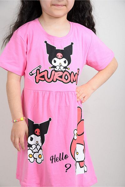 KİDSPİTİRCİK Girl's Pink Kuromi Printed Combed Cotton Dress (100% Cotton)