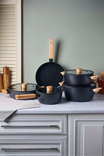 Muba Consept Cookwood Black 9 Parça Tencere Tava Seti Indüksiyon Tabanlı Ahşa...