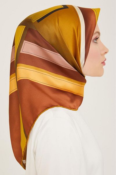Armine Λάδι Πράσινο-καφέ Γεωμετρικό Μοτίβο Sura Silk Scarf 9122-56