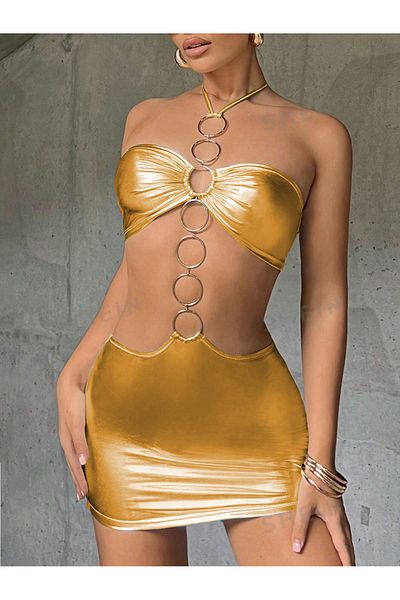 randevu Gold Metal Ring Mini Dress