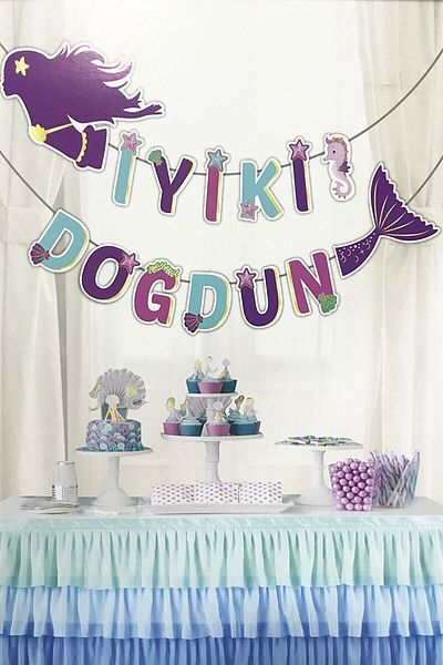 Parti dolabı Γοργόνα Καλή Ημέρα Γενεθλίων Banner Pennant Σετ πάρτι γενεθλίων 190 εκ