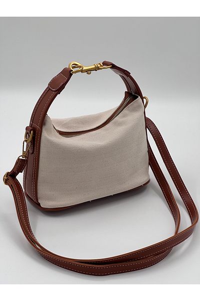Elanore Antique Lock Detailed Linen Straw Striped Women's Hand and Shoulder Bag