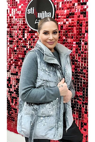 STLB Payetli Fermuarlı Kadife Yelek