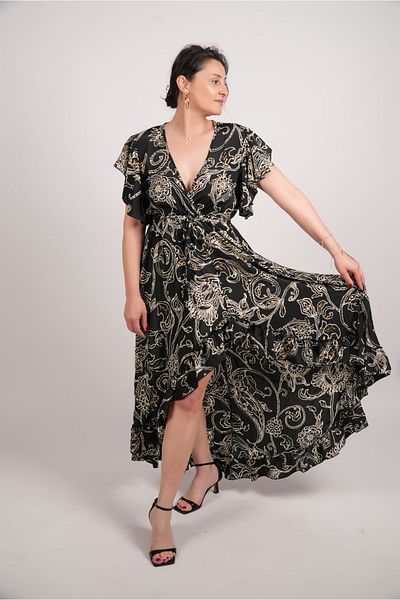LaraLisa Collection Long Women's Summer Dress with Flounce Sleeve V-Neck Elastic Waist Foil Pattern
