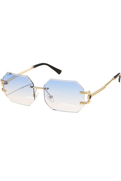 REDz Accessories Ochelari de soare hexagonali, fără rame, protecție UV400, brațe metalice aurii, albaștri