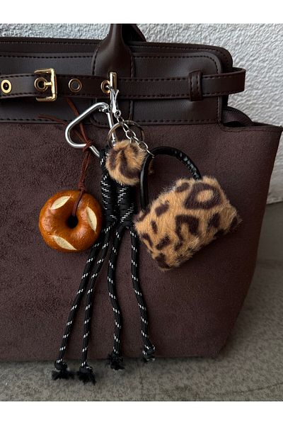 Kukura Leopard Print Mini Plush Bag with Bread Slice Carabiner Bag Charm Keychain