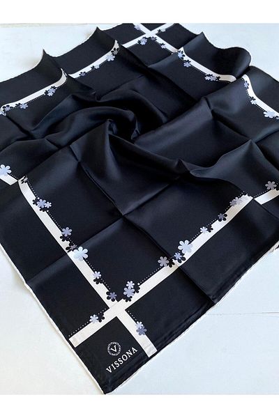 Vissona Γυναικείο Μεταξωτό Κασκόλ Twill Μαύρο - Κρεμ