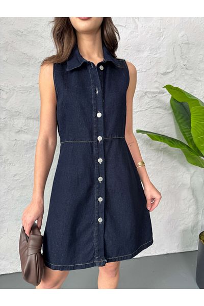 Elif Özbey Butik Navy Blue Zero Cufflinks Denim Dress
