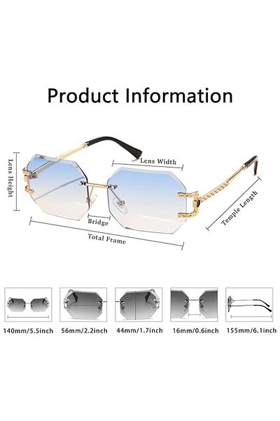 REDz Accessories Ochelari de soare hexagonali, fără rame, protecție UV400, brațe metalice aurii, albaștri