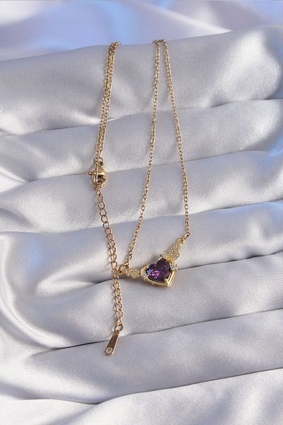 Skygo 316L Steel Chain Gold Color Purple Zircon Stone Winged Heart Necklace - Tj-Bko8783