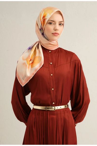 Armine Sura Silk Scarf 9305-34 Coral Mixed Pattern