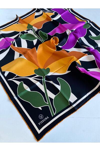 Vissona 100% Twill Silk Leaf Patterned Pink - Μουσταρδί χρώμα 90x90 Κασκόλ Σχ...