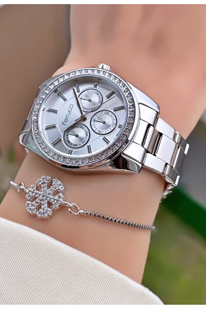 Ferrucci ساعة يد نسائية بحبل فولاذي فضي اللون ماركة Ferruci - هدية سوار