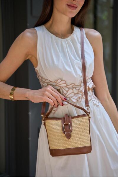 Madamra Tan Wicker Women's Modern Design Buckle Hand and Shoulder Bag