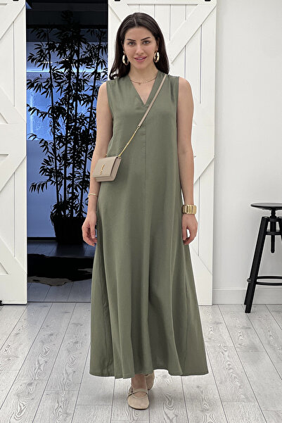 Act Pepicino Kids&Boutique Haki V Yaka Maxi Boy Keten Elbise 2770