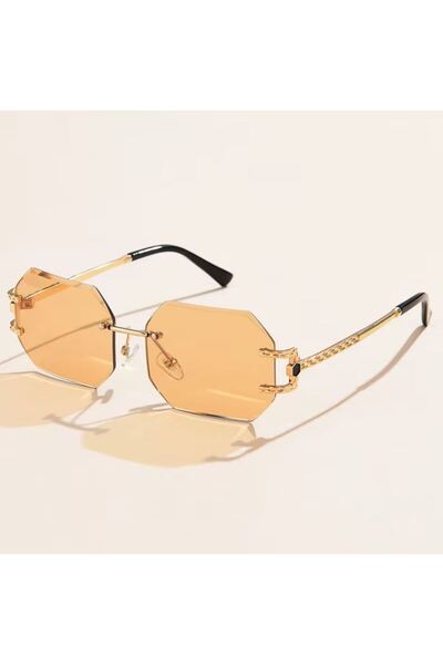 REDz Accessories Hexagon Sunglasses, Rimless, UV400 Protection, Gold Metal Arms, Orange