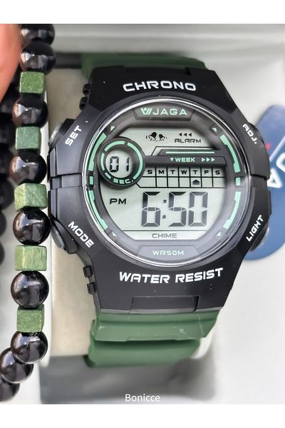 Jaga 45mm Pool Sea Use,Green Silicone Digital Sport Men Wrist Watch with Light,Calendar,Stopwatch