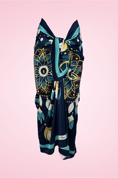 pistore Navy Blue Bohemian Native American Feather Detailed Long Pareo
