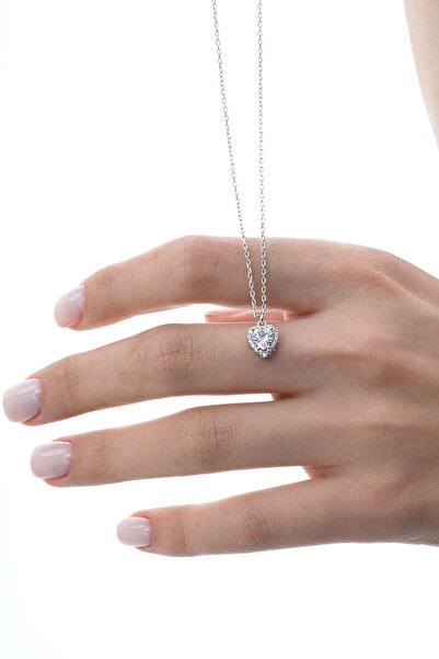 jingle bells Kalp Beyaz Zirkon Taşlı 925 Ayar Gümüş Kolye Rodyum