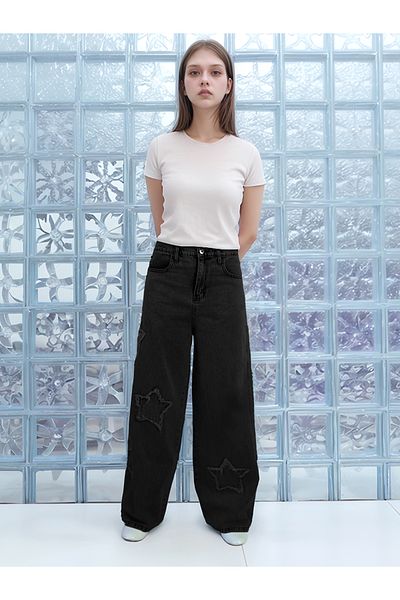 Dalikda Young&Girls Wide Leg High Waist Denim Pants Star Pattern 100% Cotton Palazzo