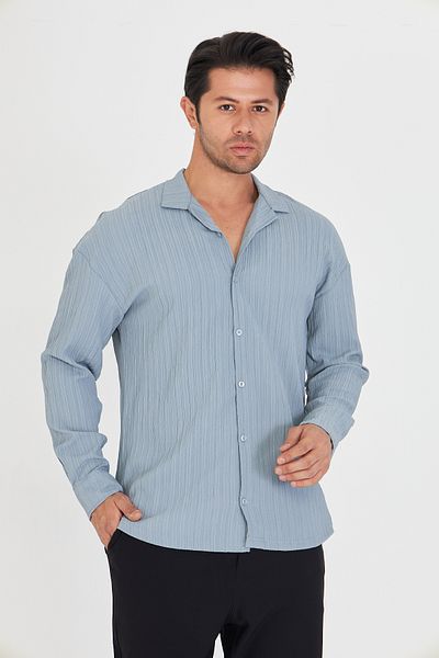 ZİNOX Men's Off Shoulder Twist Pattern Oversize Apaç Long Sleeve Collar Shirt