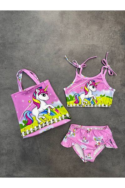 Arya Nisa Kids Girl's Unicorn Printed Three Piece Summer 1St Quality Mold Pink Bikini Swimsuit Set with Holiday Bag