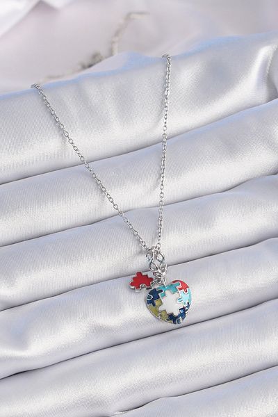 Skygo 316L Steel Silver Color Jigsaw Puzzle Motif Heart Figure Charm Model Women's Necklace - Tj-Bko9315