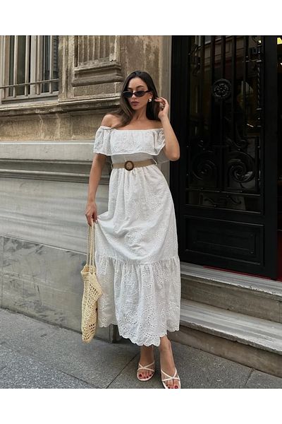 SUN STYLE Φόρεμα με λαιμόκοψη Madonna με λεπτομέρεια από εισαγόμενο βαμβακερό φιστό