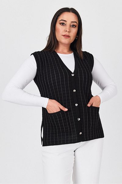Uludağ Triko Women's Black Glittery Striped Seasonal Mother Summer Vest with Buttons and Pockets