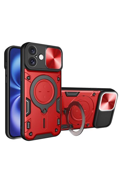 SKYDDAR INNOVATION Case for IPhone 16, CamGuard Pro, Magnetic Ring, Camera Protection, Red, sticker set