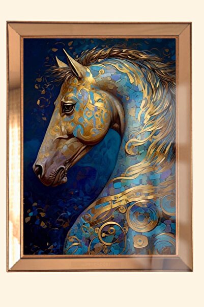 Arkenta Gold 3D Gold Blue At Cam Aynalı Çerçeve Tablo