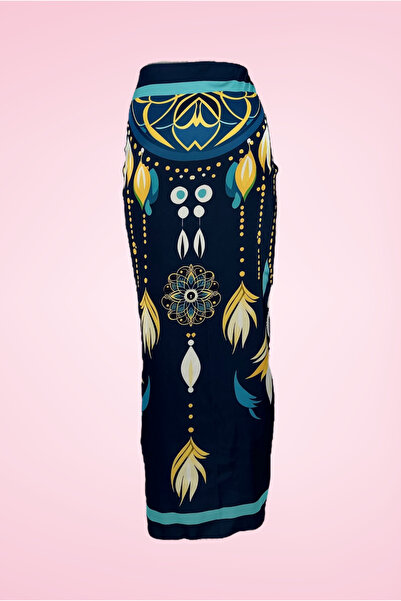 pistore Navy Blue Bohemian Native American Feather Detailed Long Pareo