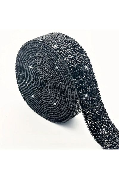 OZN AKSESUAR Iron-On Rhinestone Ribbon, Adhesive Rhinestone Ribbon Evening Dress Rhinestone Ribbon, Rhinestone Trim 2 Mt 1.5cm Black