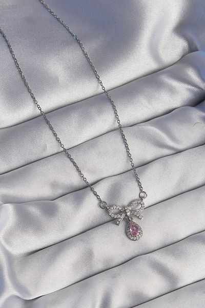 Skygo 316L Steel Silver Color Bow Detail Pink Zircon Stone Drop Necklace - Tj-Bko8921