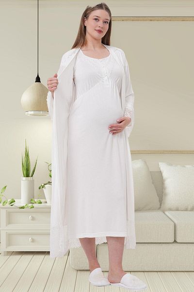 Mecit Pijama Mecit 6204 Ecru Maternity Maternity Lace Dressing Gown Nightgown Set