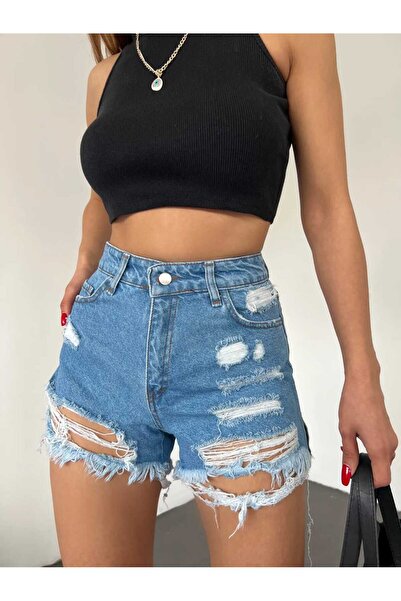 Zeliza Moda Evi Lazer Yırtık Detaylı Mini Kadın Kot Denim Şort