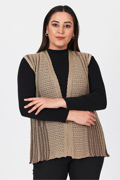 Uludağ Triko Women's Sand Double Color Openwork Embroidered Seasonal Knitwear Mother Summer Vest