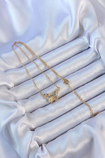 Skygo 316L Steel Chain Gold Color Zircon Stone Butterfly Necklace with Evil Eye - Tj-Bko9101