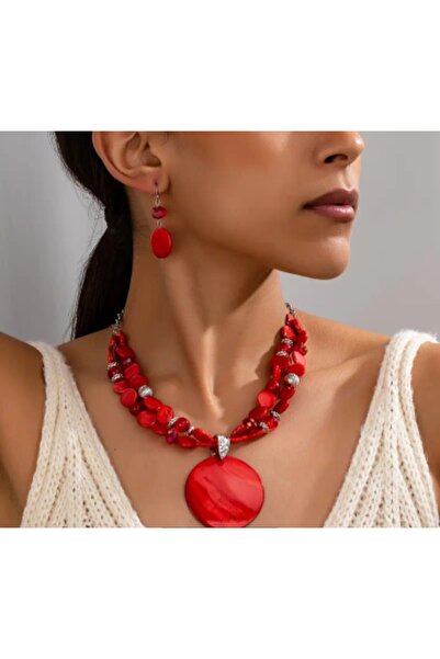 Store Kırmızı Boncuk Kolye ve Küpe Seti