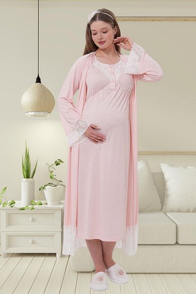Mecit Pijama Mecit 6204 Pink Maternity Maternity Lace Dressing Gown Nightgown Set