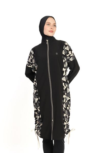 İYİBU Allsea Full Covered Hijab Swimsuit 4 Pieces Black Patterned - Water Repellent – Quick Dry – with Bustier