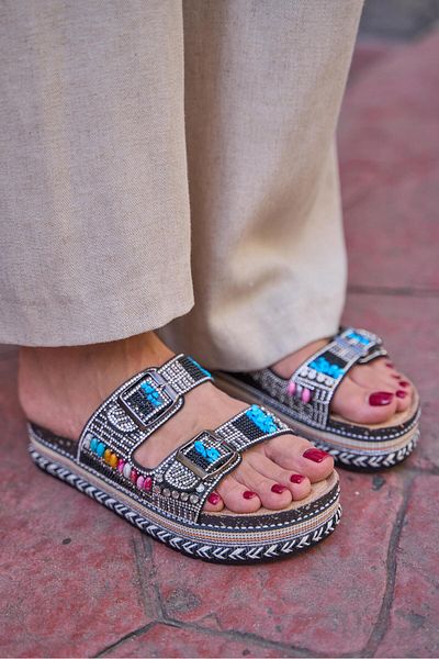Madamra Black Women's Stone and Bead Detailed Buckle Platform Slippers