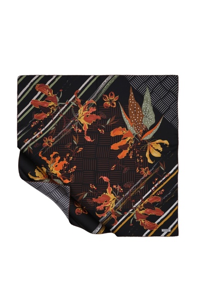 ipekevi Eșarfă din mătase Tivil cu flori sălbatice, negru și galben / 01255
